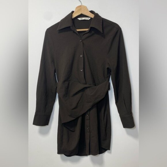 Zara TRF Chain Link Long Sleeve Buttondown Dress Dark Brown size S - Picture 4 of 8